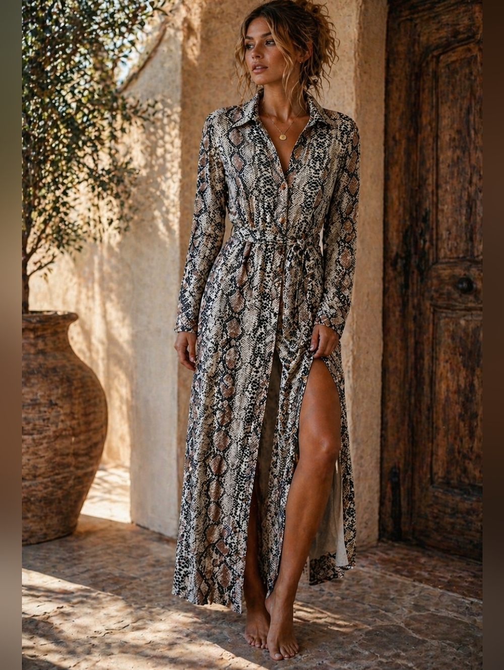 NWT.Women's Black and Beige Printed Long Sleeve Button Dawn Dress.Made In Paris.